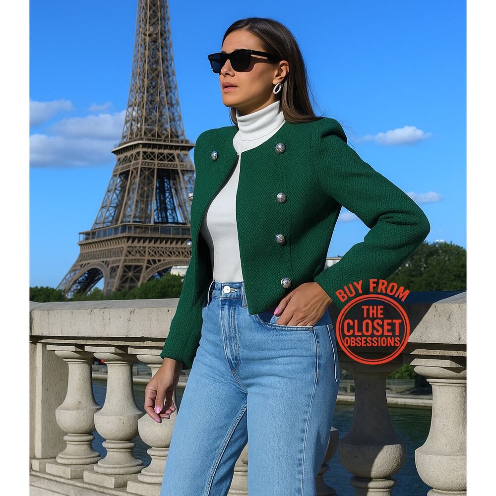 Zara Emerald Green Cropped Military Jacket Gold Button NWT - Picture 8 of 16